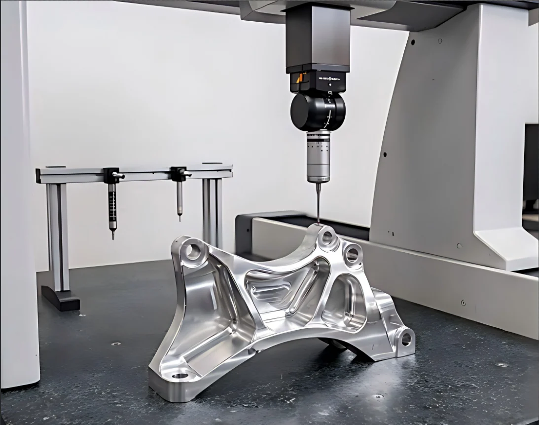 CMM coordinate measuring machine inspecting CNC machined precision parts against drawing specifications