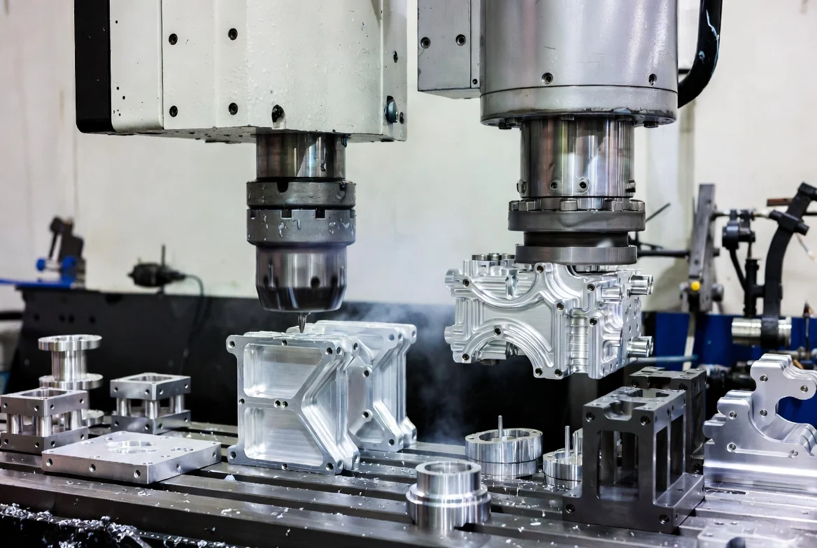 3-axis and 5-axis CNC milling machine producing aluminum housing for industrial automation
