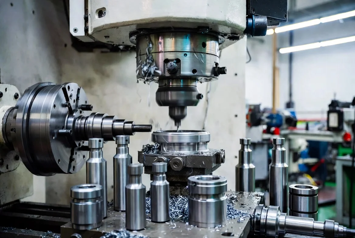 CNC turning lathe producing stainless steel shafts and spacers for mechanical assemblies