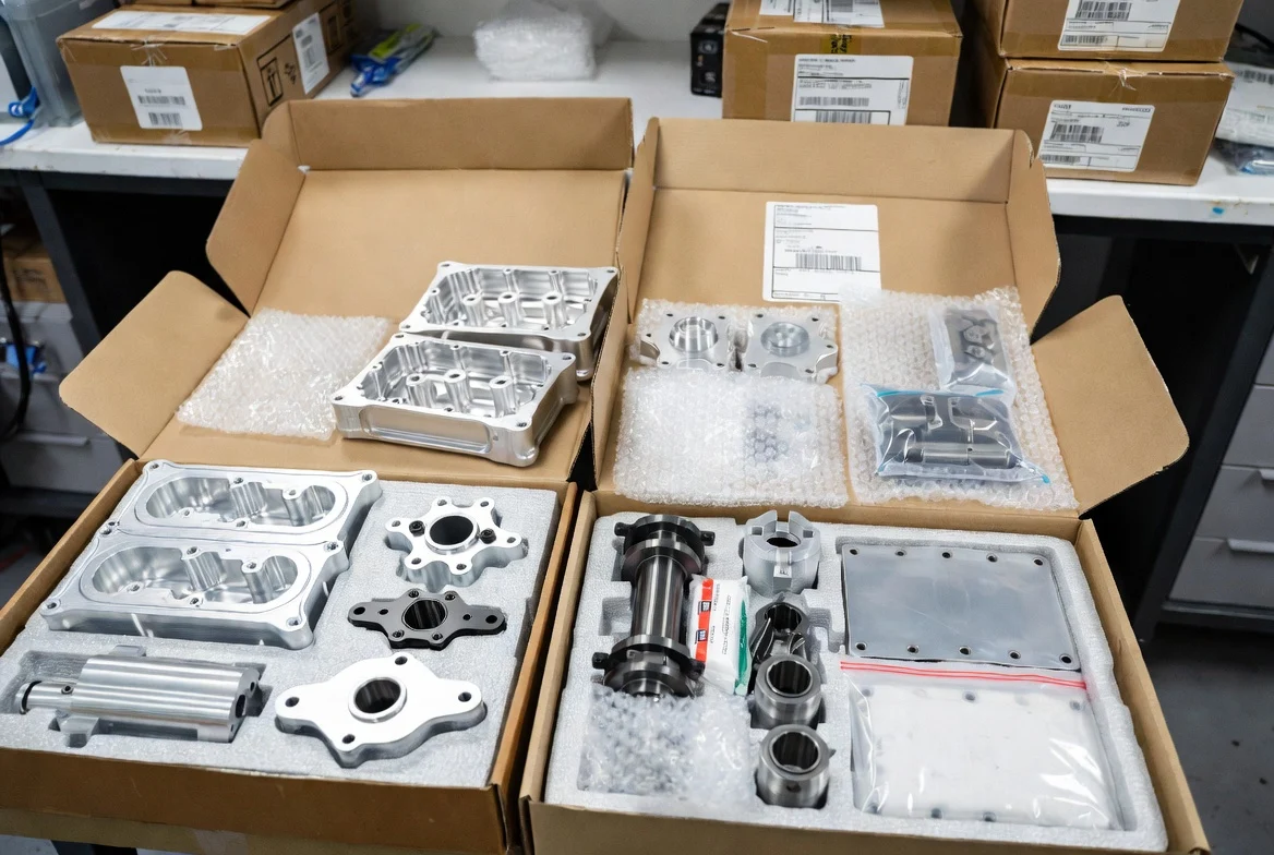 CNC machined metal parts packaged for shipping to U.S. industrial customers